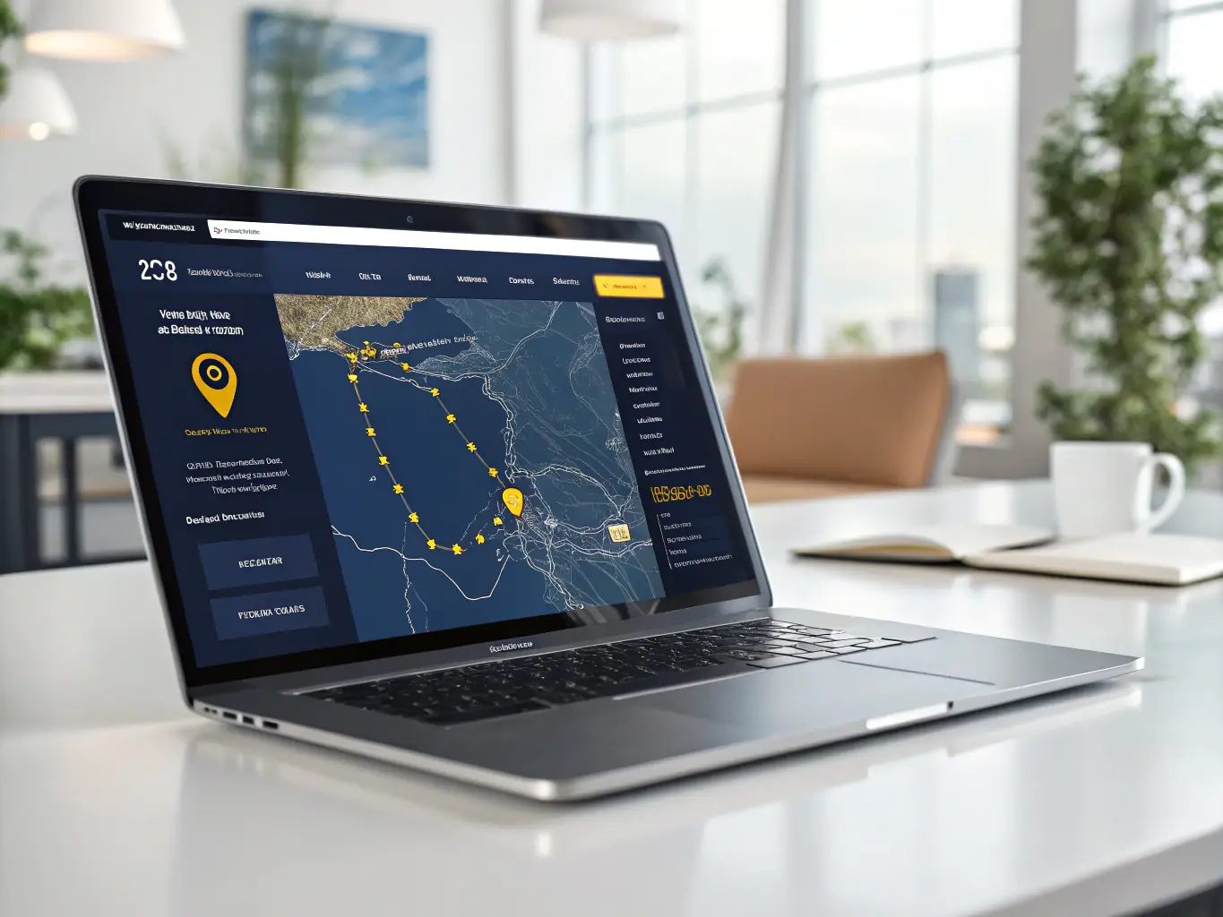 A user-friendly interface on a laptop screen displaying a real-time shipment tracking dashboard with a map showing the current location of a package.