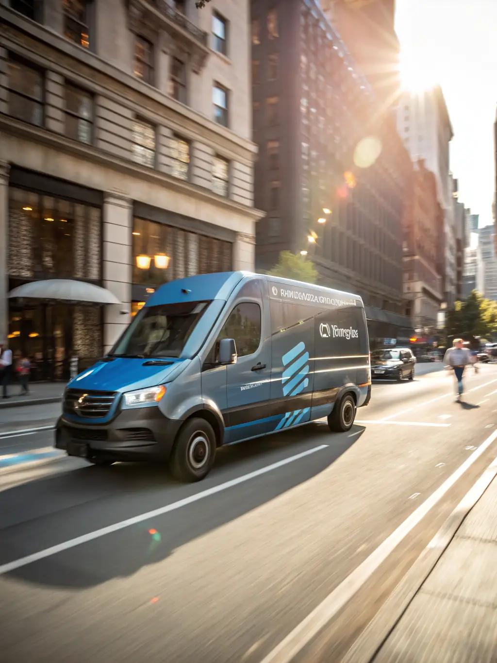 A high-speed delivery van speeding down a city street, symbolizing the speed and efficiency of PrimePath Logistics' express courier service.